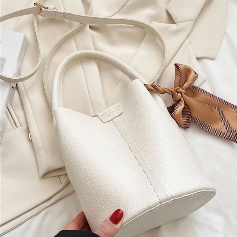 White Faux Leather Top Handle Bucket Bag